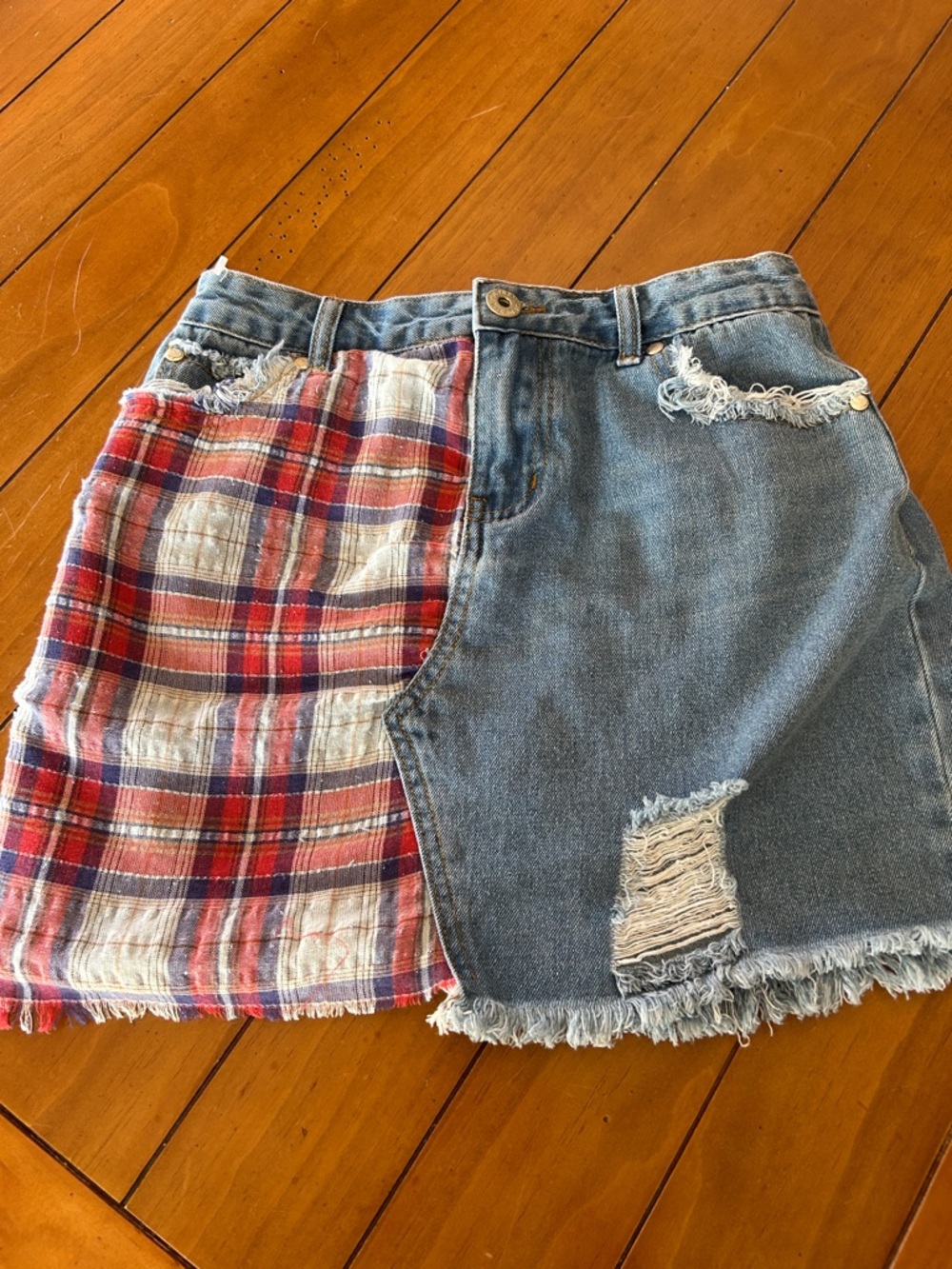 POL Two-Tone Denim and Red Plaid Patchwork Mini Skirt